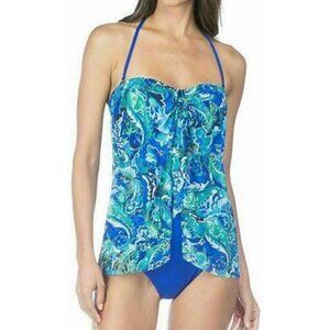 Lauren Ralph Lauren Flyaway One-Piece Bandeau Swimsuit, Blue Pasley Print SZ 18W